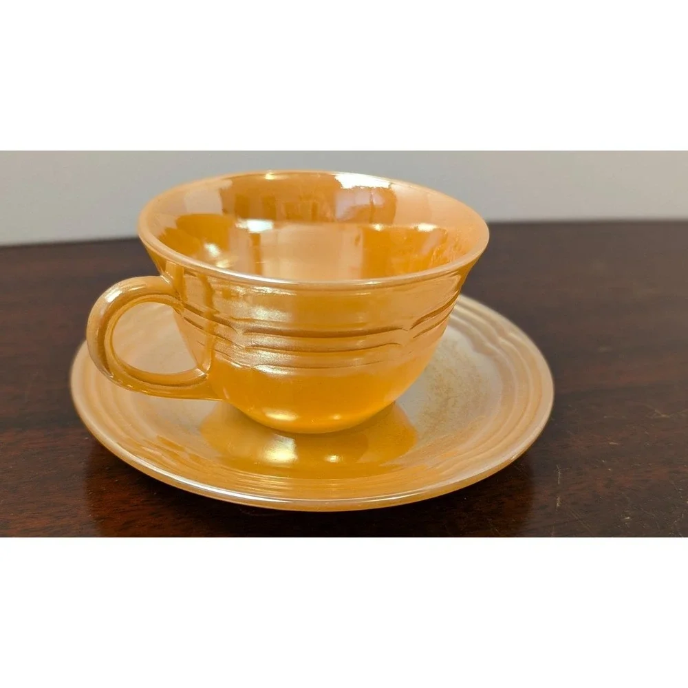 Fire King Peach Lustreware Cup Saucer Set Anchor Hocking Vintage Glass 4pc